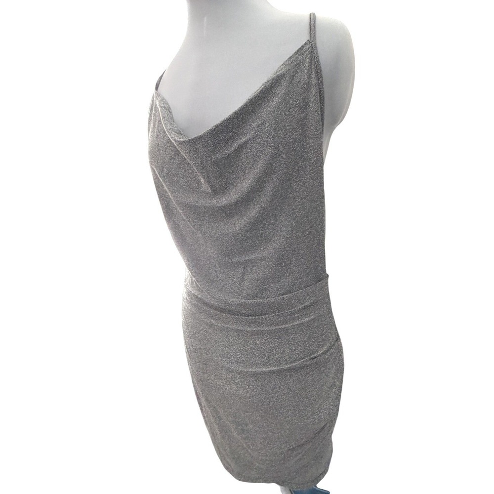 Sparkly Silver Cowl Neck Bodycon Mini Dress Spaghetti Straps Back Tie L